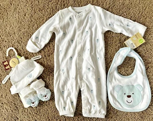 New Carter’s Little Layette 4-Piece Set White Blue Bears 3 Months - Picture 1 of 6