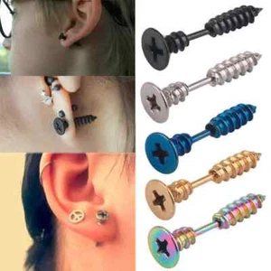 Pair of Stainless Steel Screw Earrings Men Women Punk Stud Silver Black A223 - Picture 1 of 5