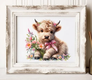 Cow Wall Art Print, Highland Cow With Pink Bow Wall Art Decor, Farmhouse Print - Picture 1 of 2