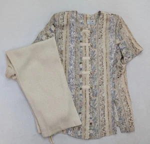Vintage 80s 90s Women's Suit Lauren Michaels Beige Print Short Sleeve Size M - Picture 1 of 23