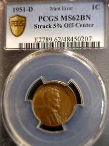 1951d ERROR PCGS MS62 Off Center Lincoln Wheat Cent Coin NICE BU + O/C  NR - Picture 1 of 7