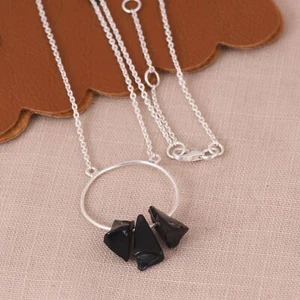 Circular Pendant 925 Sterling Silver Multi Raw Black Obsidian Healing Necklace - Picture 1 of 10