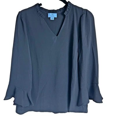 CeCe черный с оборками воротник V шеи Bell с оборками рукав блузка женщин Sz маленький новый без ЯРЛЫКОВ - Изображение 1 из 4