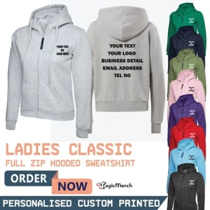 Personalised Custom Printed Ladies Classic Full Zip Hoodie Work Wear Casual Gym - Picture 1 of 23