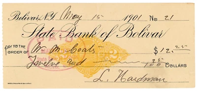 US-Bolivar, NY-Bank Check ... 100 Dollars ... 1901  .. *XF+*😃State Bank Of Boli - Image 1 of 2
