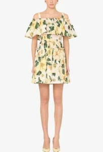 Dolce & Gabbana Women's Yellow Off-shoulder Camellia Print Poplin Dress Size 52 - Picture 1 of 5