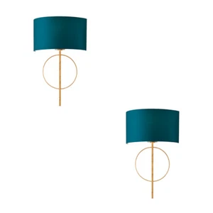 2er-Pack Antik Blattgold Wandleuchte & Blaugrün Satinschirm Dimmbare Glühlampe - Bild 1 von 10