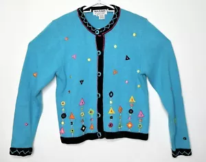 JACK B QUICK Women's Petite Medium PM Blue Shape Embroidered Cardigan Sweater - Picture 1 of 7