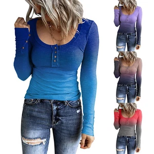 Women’s Long Sleeve Henley T Shirts Button Down Slim Fit Tops Scoop Neck Shirts - Picture 1 of 16