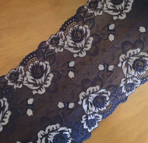 6,5" breite marineblaue Stretch-Spitze mit silbergrauen Blumen Dessous, Stirnband, Schleife y0469 - Bild 1 von 2