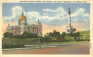 Postal 1949 del Capitolio del Estado de Iowa y Soldados y Marineros Monumento Des Moines - Imagen 1 de 2
