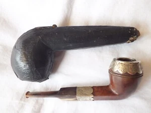 Briar & horn stemmed diamond bulldog, cased, white metal mounted pipe - Picture 1 of 7