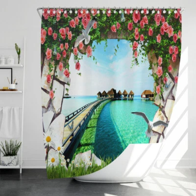 Cortina de ducha de verano con vistas a la playa tela de poliéster decoración de baño con ganchos Foto 1 de 4