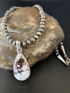 Collana Argento Sterling 20" 12819 Ciondolo Turchese Cavallo Selvaggio Perle Navajo - Foto 1 di 12