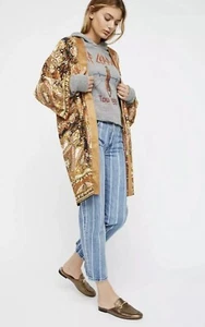 Free People womens S All Yours Golden Tan Paisley Oversized Bohemian Kimono Top - Picture 1 of 14