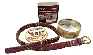Levi's Full Grain Leather Belt Brass Buckle Collectable Antique Tin VTG - Picture 1 of 15