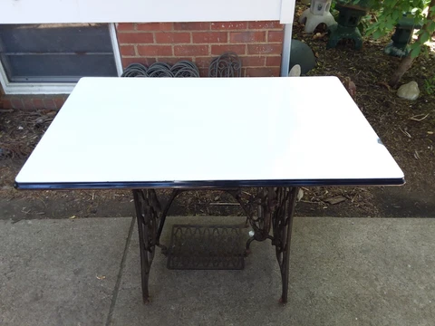 Vintage PORCELAIN ENAMEL ENAMELWARE TABLE CABINET TOP 40x25" WHITE/Black Antique Cover
