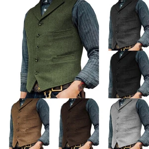 Men Waistcoat Jacket Herringbone Tweed Vest Notch Lapel Coat Vintage Formal Tops - Picture 1 of 17