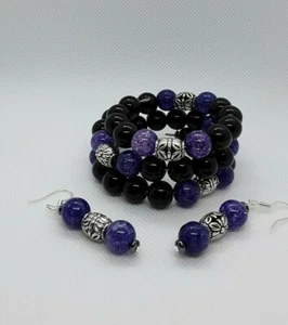 Handmade Beaded Bracelet and Earring Set Purple Black Glass - Picture 1 of 4