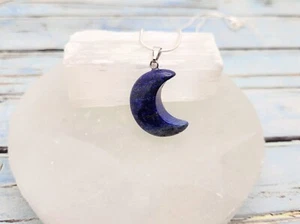 Natural Lapis Lazuli Crescent Moon Pendant Necklace with 16", 18"or 20" Chain - Picture 1 of 8