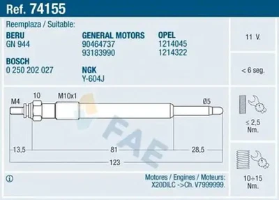 Bujía de incandescencia 74155 FAE para OPEL VECTRA B VECTRA B Hatchback - Imagen 1 de 4