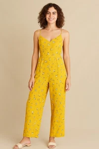Old Navy Damen großer Jumpsuit gelb geblümt knöchelträgerlos Rouche Taschen - Bild 1 von 16