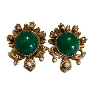 Orecchini Vintage Firenze Verde Cabochon Grandi Tono Oro Filigrana Clip On Ricchi  - Foto 1 di 5