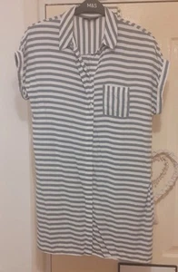 New Size 14 16 Grey White Stripe Cotton Long Tunic Top Blouse Shirt Dress Pocket - Picture 1 of 7