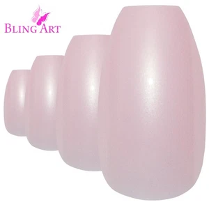 False Nails Bling Art Pink Pearlised Ballerina Coffin Long NO GLUE - Picture 1 of 7