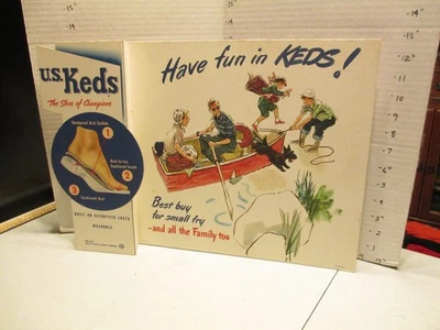Zapatos US KEDS años 50 EE. UU. tienda de goma letrero de exhibición barco de pesca familiar perro Scottie Foto 1 de 3