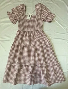 Pink Gingham Sz Large Puff Sleeve Smocked Tiered Square Neck Boho Dress ZESICA - Picture 1 of 16