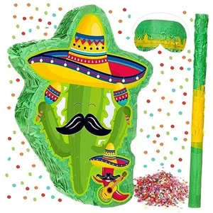 Mexico Cactus Piñata 16x12x3 Inch Cactus Piñata with Stick Blindfold and - Picture 1 of 5