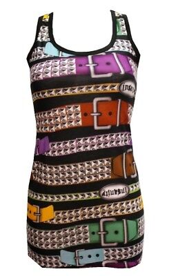 Ladies Funky Multi Pyramid Stud Belts Print Long Vest Tank Top Dress Goth  Emo