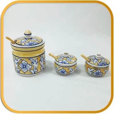 💛 Hand Painted Blue Yellow Floral Ceramic Condiment Jars & Spoons Set of 6 💛 - Image 1 of 4
