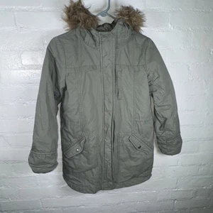 GAP Kids Boys XL 14-16 Olive Green Hooded Parka Jacket Faux Fur Trim Winter Coat - Picture 1 of 13