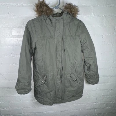 GAP Kids Boys XL 14-16 Olive Green Hooded Parka Jacket Faux Fur Trim Winter Coat - Image 1 of 4