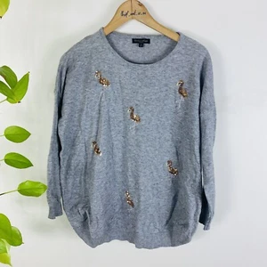 Caroline Morgan Size 8 Shirt Top Blouse Knit Grey Embroidered Sequin Flamingo 🦩 - Picture 1 of 7