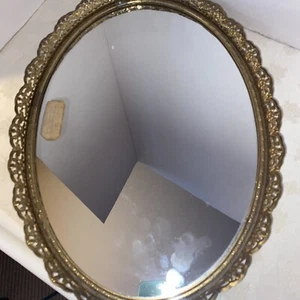 Vintage Gold tone Filigree Oval Vanity Mirror - Imagen 1 de 3