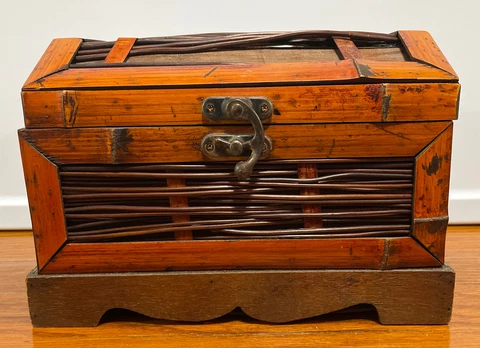 Vintage Small Treasure Chest Box Container Wicker Wood Metal Lidded Weave Trunk Cover