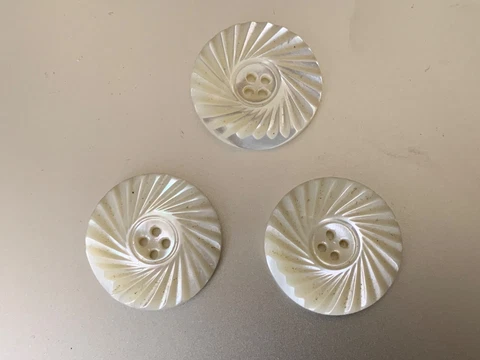 Three Antique French Mother of Pearl White Buttons carved - 2.2cm Cover
