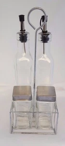 5 Piece Glass Oil & Vinegar Cruet Salt Pepper Set with Chrome Stand 10 oz. NEW - Bild 1 von 3