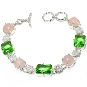 Rose Quartz Peridot Gemstone Silver Plated Bracelet Dainty Jewelry 7-9" - Picture 1 of 1