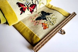 Vintage Needlepoint Bell Pull Victorian Tapestry Butterfly Wall Hang Jacmore End - Picture 1 of 17