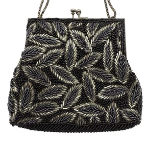 Vintage La Regale Black Silver Tropical Leaf Beaded Purse Evening Bag Chain - Picture 1 of 12