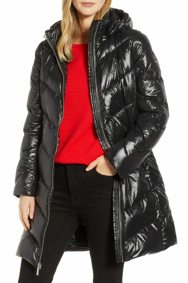 Michael Kors Chevron Quilted Hooded Down Puffer Coat Jacket M Black