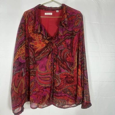 Coldwater Creek Blouse Red Purple Paisley Ruffle Long Sleeve Button Up Womens 3X - Image 1 of 4