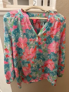 Lilly Pulitzer Neu mit Etikett Elsa Seidentop Surf blau pink üppige Löwen 168 $ Größe Large - Bild 1 von 13
