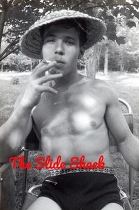 shirtless good looking young man in shorts smoking cigarette 1950's 35mm slide - Picture 1 of 1