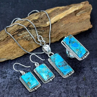 Kingman Turquoise Southwestern Silver Plated Ring Earring Pendant Jewelry Set - Image 1 of 4