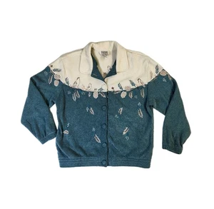 Vtg TEDDI Blue Green Embroidered Fleece Button Jacket Petite Large Winter Birds - Picture 1 of 9